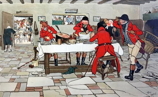 Cecil Aldin (1870-1935) Fallowfield Hunt - Breakfast at The Three Pigeons, Full Cry, The Death and The Hunt Supper 14.5 x 23.5i